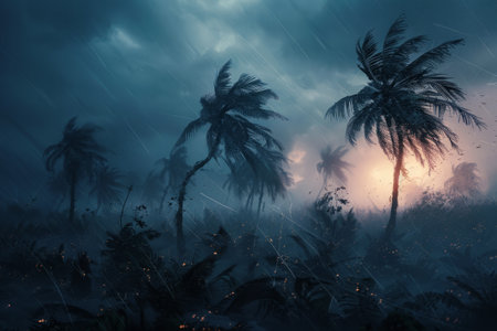 Powerful hurricane causing destruction on tropical with palm trees bending over and debris flying in the airの素材
