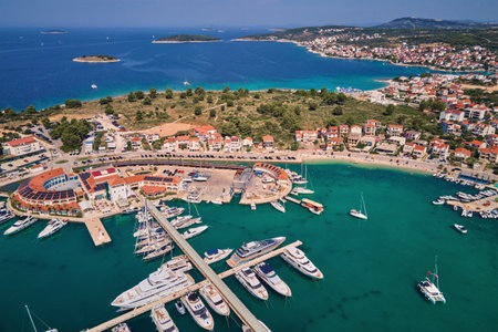 Aerial view of harbor in touristic city and moored yachts. Marina Frapa in Rogoznica, Croatia. Coastal cityscape in Adriatic sea. Travel conceptの写真素材