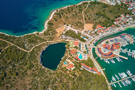 Aerial view of Dragon Eye lake near Marina Frapa in Rogoznica, Croatia. Sea landscape with coastal town and yachts. Touristic city for summer vacation in Adriatic seaの写真素材