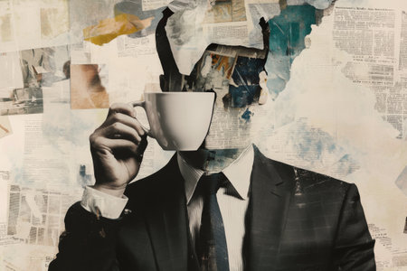Stylish businessman in suit drinks coffee, vintage collage background with abstract designの素材