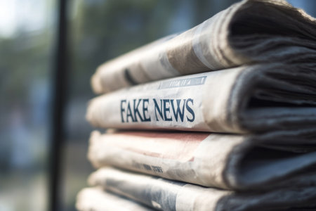 Stack of newspapers with "Fake News" headline. Concept of media bias, misinformation and modern journalism challenges. Manipulation of citizenship consciousness with help of mass mediaの素材