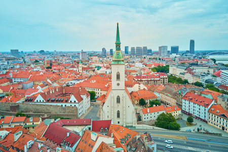 Panorama of Bratislava, Slovakia. Aerial view of historic European city with vibrant red rooftops. Urban landscape with historical buildingsの写真素材