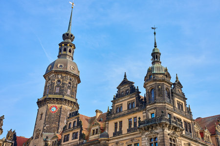 Dresden cathedral and Hausmannsturm tower at sunset. German architecture with historical buildingの写真素材