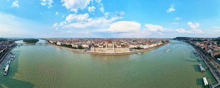 Panoramic view on skyline of Budapest along Danube River. Aerial view of capital of Hungary with historical buildings and famous landmarksの写真素材