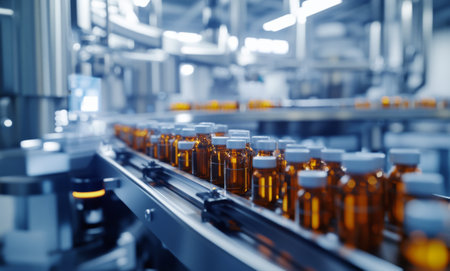 Manufacturing line transporting glass bottles full of liquid in pharmaceutical factory. Medical vials on conveyor beltの素材