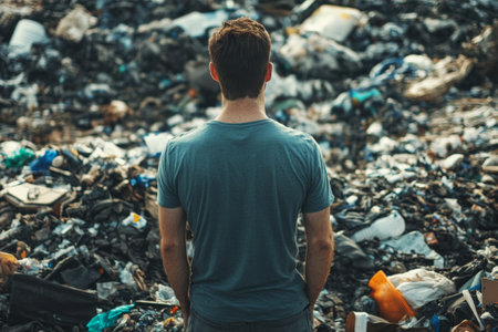 Man stands in the middle of massive landfill, surrounded by piles of trash and plastic, Concept of environmental issues and pollutionの素材
