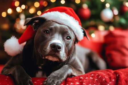 Adorable dog wearing Santa Claus hat and costume near decorated Christmas tree and festive lights in backgroundの素材