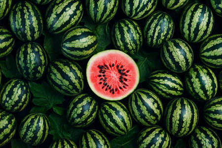 Top view of sliced watermelon with vibrant red flesh surrounded by whole green watermelons on market stallの素材