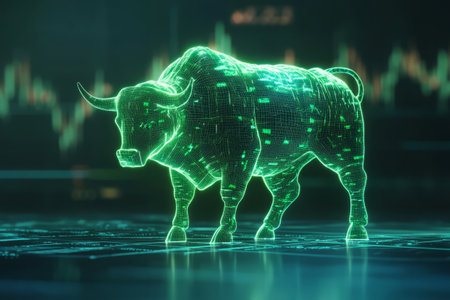 Glowing green digital bull against backdrop of data charts and graphs. Concept of stock market growth, finance and technologyの素材