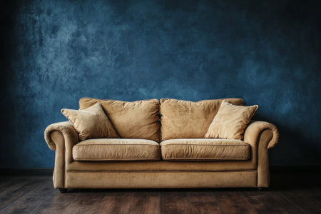Beige sofa against empty wall background. Modern couch in living room interior. Interior furnitureの素材