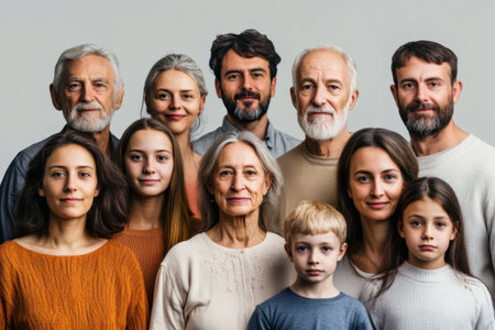 Family with multiple generations members stand together for group portrait. Concept of family bonds and togethernessの素材