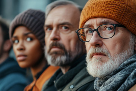 Diverse group of people in different ages and ethnicities stand together and looking forward. Diversity and multi ethnicity conceptの素材