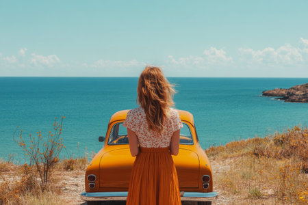 Woman stands near her vintage car on beach and looking on sea on sunny day.の素材