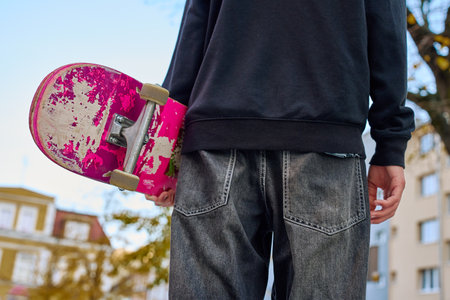 Skateboarder in baggy jeans holding scratched skateboard walking at city street. Teenager is skateboarding. Concept of youth subcultureの写真素材