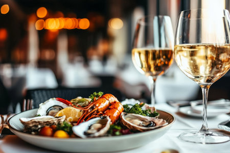 Seafood platter with lobster, oysters and white wine glasses in restaurant. Romantic dinnerの素材
