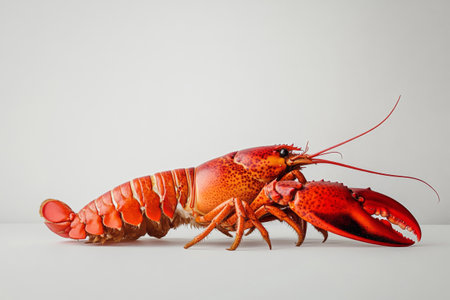 Close-up of vibrant red lobster with claws on light backgroundの素材