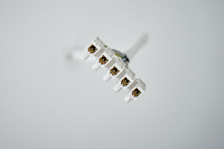 Close-up of electrical wires extending from white wall. Electrical work during apartment renovation. Electricity cable in new apartmentの写真素材