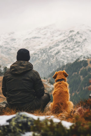 Man hiking with his dog. Hiker and his dog are enjoying beautiful mountain landscape. Travelling with petの素材