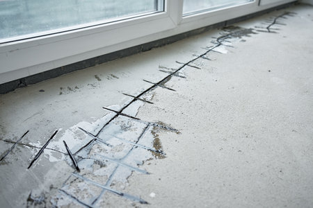 Repairing cracks in concrete floor near window using sealant. Renovation process in house under...