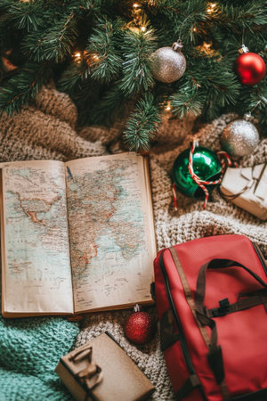 World map and festive decoration lying under Christmas tree. Holiday travel conceptの素材