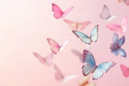 Colorful butterflies flying on pastel pink background. Spring wallpaper with copy spaceの素材