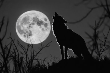 Silhouette of wild wolf howling against full moon in night skyの素材