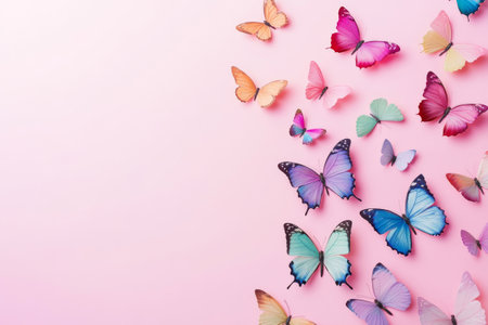 Colorful butterflies flying on pastel pink background. Spring wallpaper with copy spaceの素材