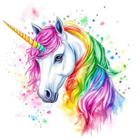 Watercolor illustration of unicorn with rainbow mane and colorful stars on white background. Fantasy horse with spiral hornの素材