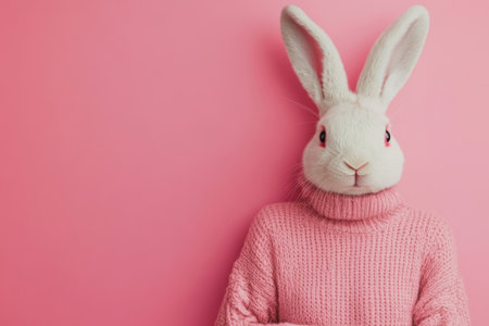 Surreal concept of woman body with bunny rabbit head wearing pink dress against pastel background.の素材