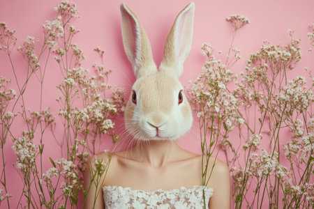 Surreal creative portrait of woman with rabbit mask and flower on pink background. Female body with rabbit headの素材