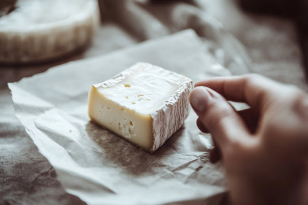Hand picks up piece of cheese wrapped in parchment paper. Home made cheese, farm productの素材
