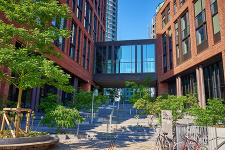 Lush green tree next to modern red brick building. Facade of residential building. Contemporary...