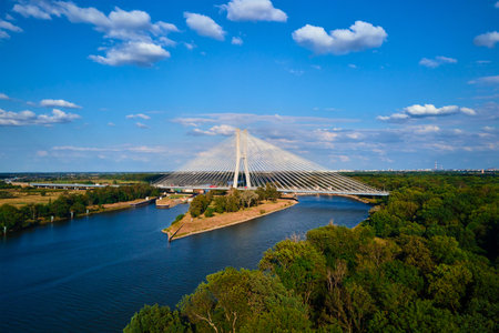 Cable stayed bridge over river surrounded by lush green forest. Redzinski bridge over Odra river...