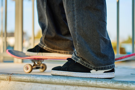 Skateboarder balancing on scratched pink skateboard at skatepark. Close-up of teenager feet wearing jeans and black sneakers skateboarding at skatepark. Leisure activity and extreme sport conceptの写真素材