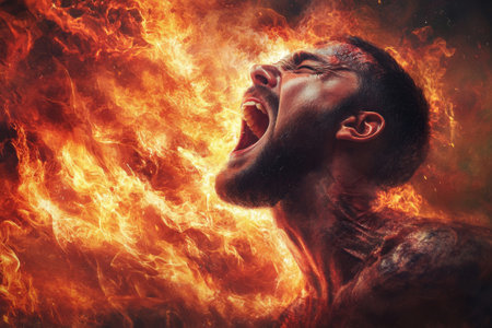 Screaming man engulfed in flames. Male face shouting in agony surrounded by fire. Suffering personの素材