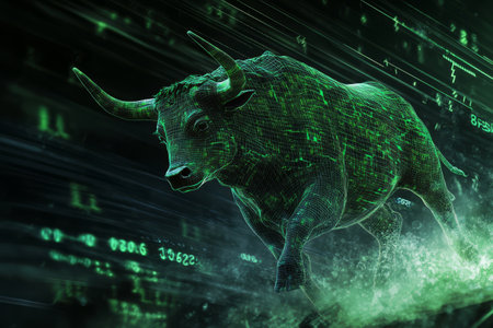 Holographic green bull with stock market chart on dark background. Bullish trend in tradingの素材