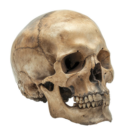 Human skull with teeth, cranial sutures and bone structure isolated on white backgroundの素材
