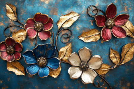 Decorative artwork with metallic flowers in gold, blue and red colors. Bas-relief with blooming flowers. Stucco relief with floral ornamentationの素材