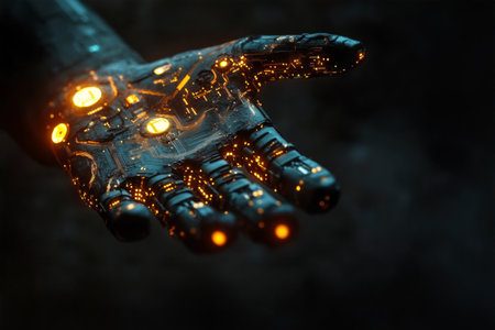 Close-up of high-tech robotic hand illuminated with glowing orange circuits. Digital hand hologram on dark background with copy space. Concept of futuristic technology and innovationの素材