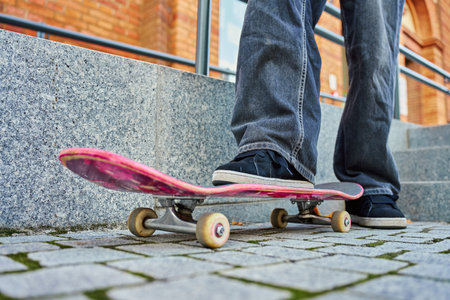 Skateboarder riding on pink skateboard. Close-up of teenager feet wearing jeans and black sneakers skateboarding at street stairs. Leisure activity and extreme sport conceptの写真素材