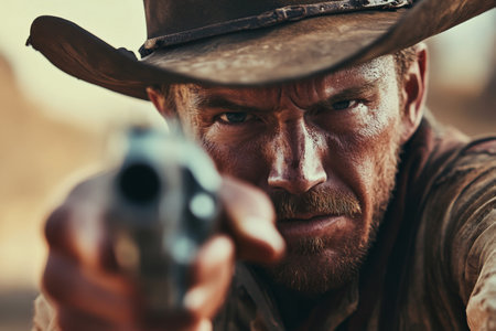 Mature cowboy holding gun with blurred desert background. Man in cowboy hat pointing barrel of revolver at camera. Western and wild west conceptの素材