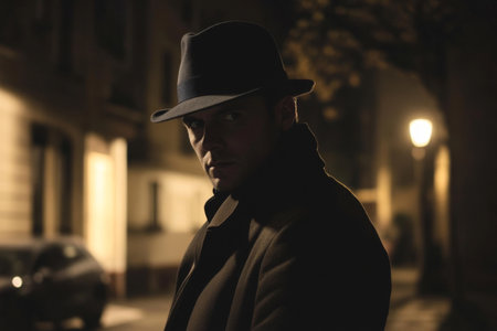 Silhouette of man in hat and coat standing in dark city street at night. Gangster, mafia or old fashioned detective in noir styleの素材