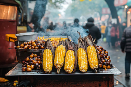 Roasted corn on cob and chestnuts grilling on smoky street food stall in a bustling outdoor marketの素材