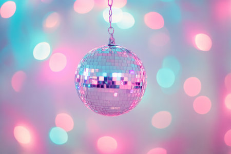 Hanging disco ball reflecting soft pink and blue lights against bokeh background. Classic party decoration, Concept of retro nightlife, dance parties and club cultureの素材