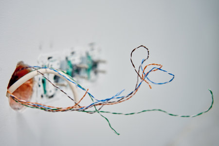 Close-up of exposed twisted network cables protruding from wall socket. Unfinished wiring work...