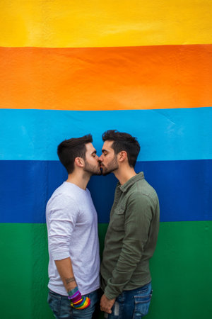 Same-sex couple kissing in front of vibrant rainbow pride flag. Concept of love, pride, diversity and lgbt relationshipsの素材