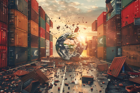 Damaged planet Earth breaking apart under impact of shipping containers. Global trade crisis. Concept of economic instability, supply chain disruption and financial collapseの素材