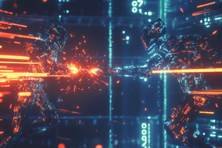 Futuristic AI battle between two advanced artificial intelligences in digital cyberworld. Cyber warfare, neural networks clash and AI dominance. Sci-fi tech fight in high-tech virtual arenaの素材