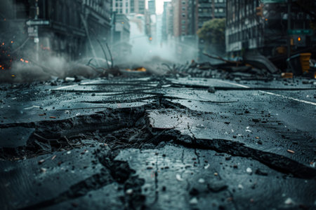Cracked and broken city street in aftermath of earthquake or natural disaster. Concept of destruction, crisis, and post-apocalyptic environmentの素材