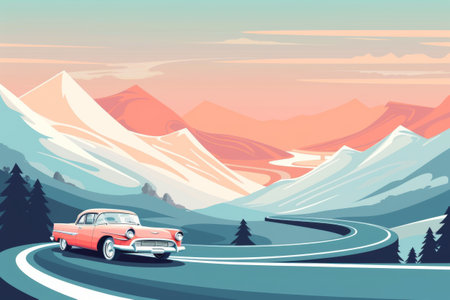 Stylish retro car driving on winding road with scenic mountain landscape in background. Concept of nostalgic road tripの素材